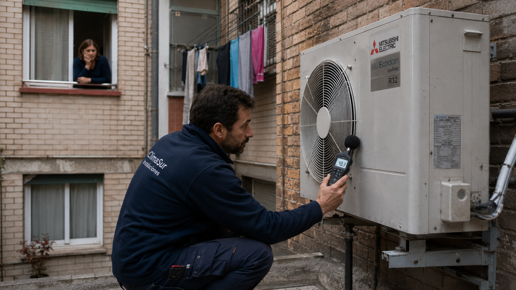 Técnico de climatización midiendo el ruido de una unidad de aerotermia con un sonómetro en un patio interior de vecinos.