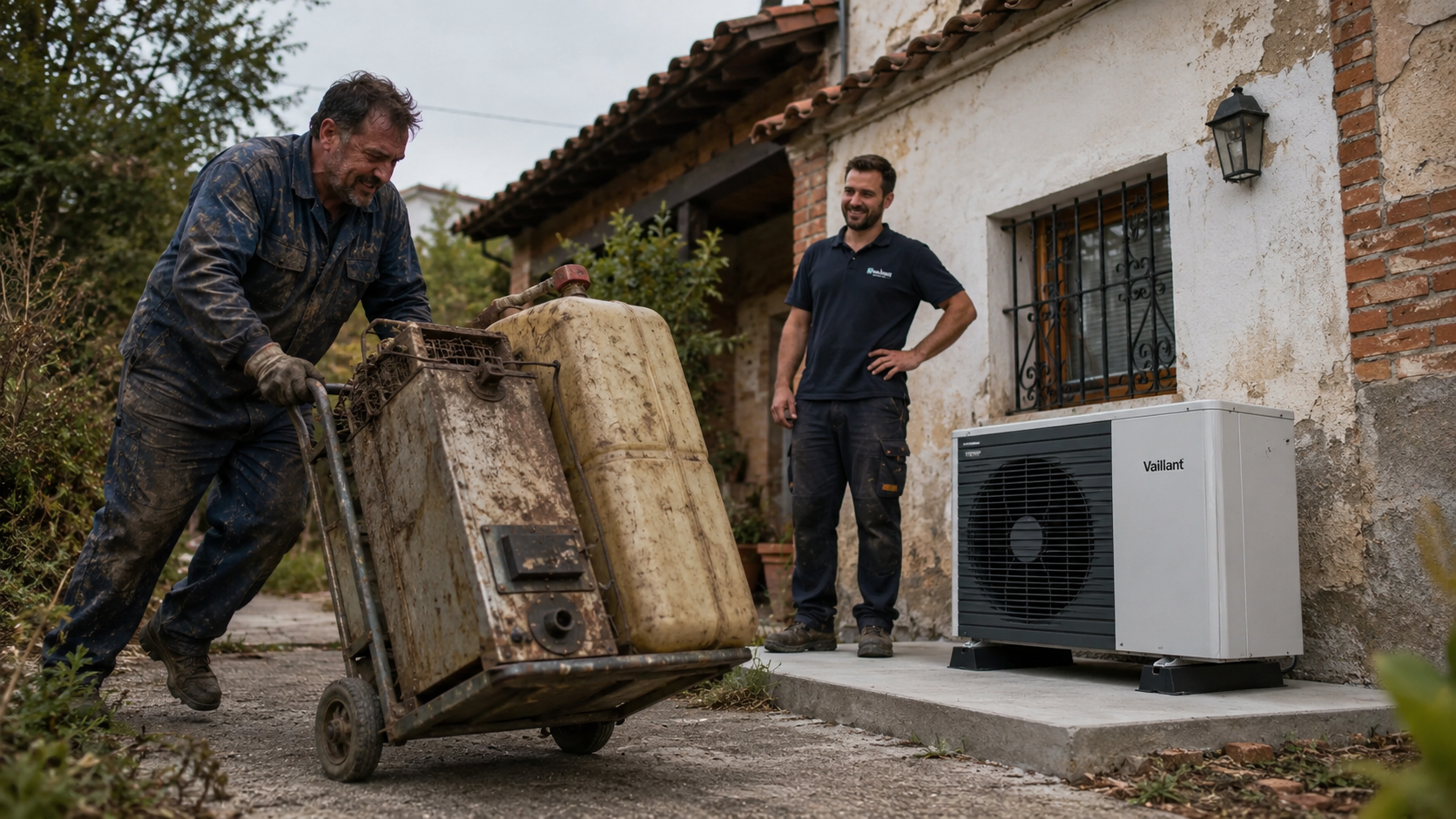 Técnicos sustituyendo una caldera de gasoil vieja por aerotermia moderna en un chalet.