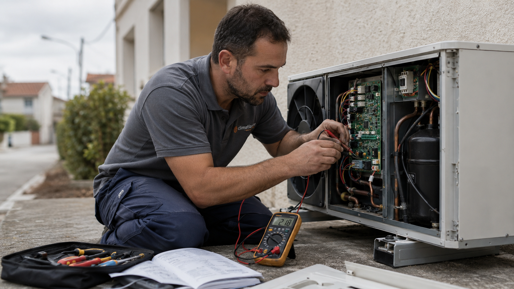 Técnico de climatización diagnosticando una avería en la placa electrónica de una unidad exterior de aerotermia abierta.
