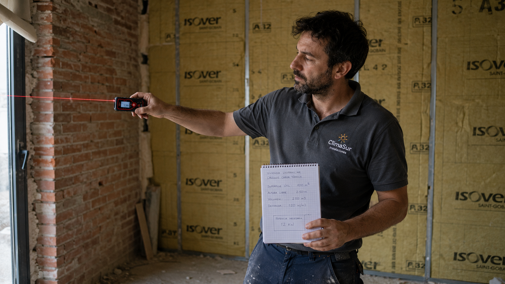 Técnico de climatización usando un medidor láser y haciendo cálculos de potencia en una vivienda en obras con aislamiento térmico.