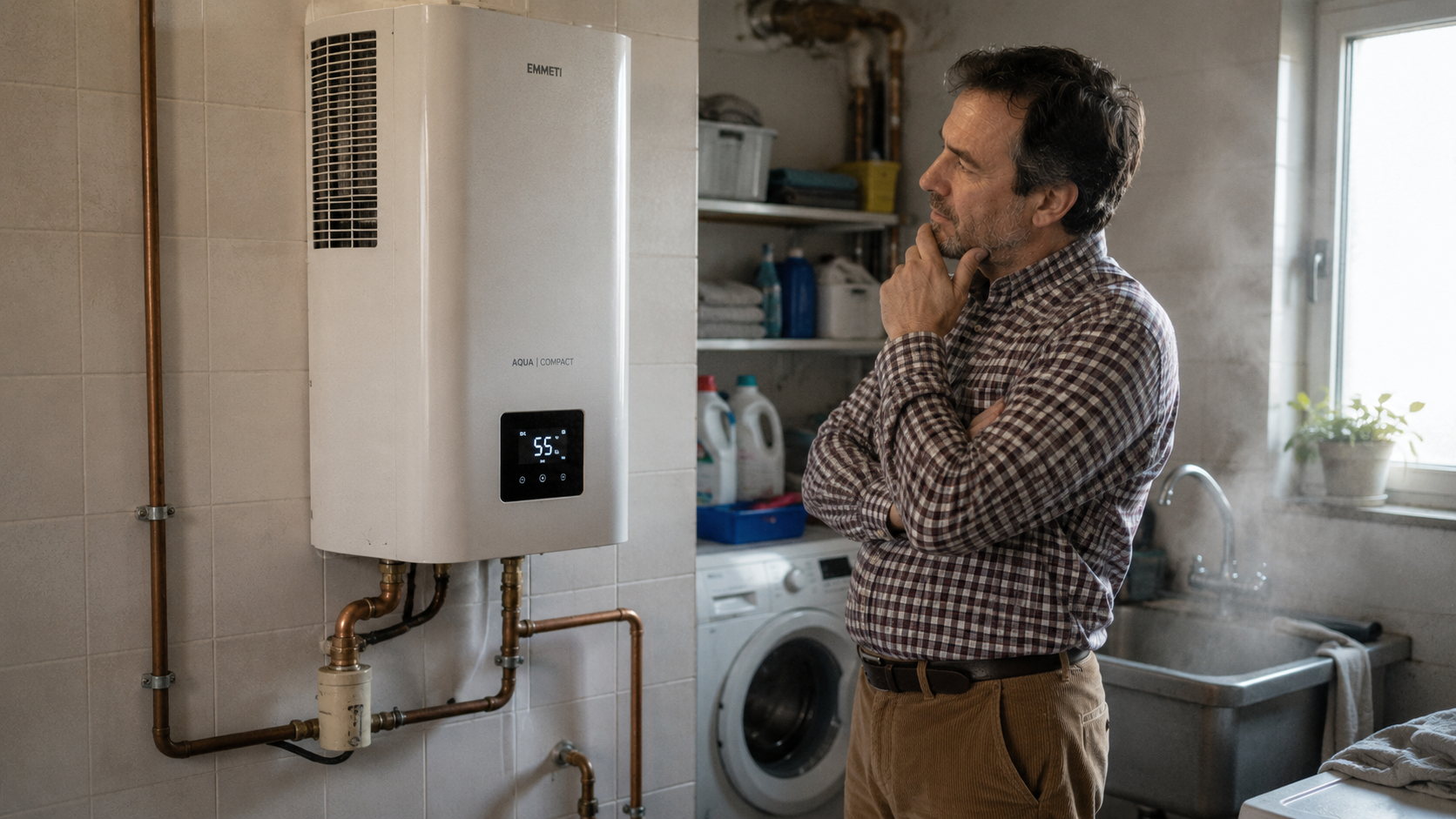 Propietario mirando pensativamente el panel de control de un aerotermo para ACS en un lavadero.