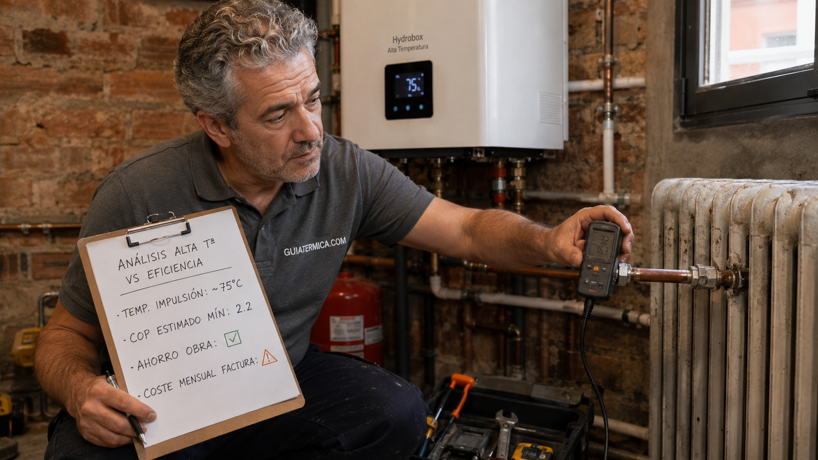 Técnico instalador veterano analizando la conexión de una aerotermia de alta temperatura a un radiador de hierro fundido antiguo.