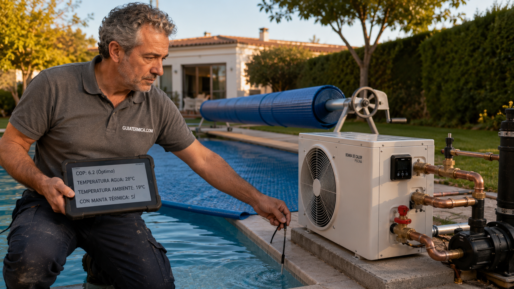 Técnico instalador veterano analizando el funcionamiento de una bomba de calor para piscina climatizada con manta térmica.