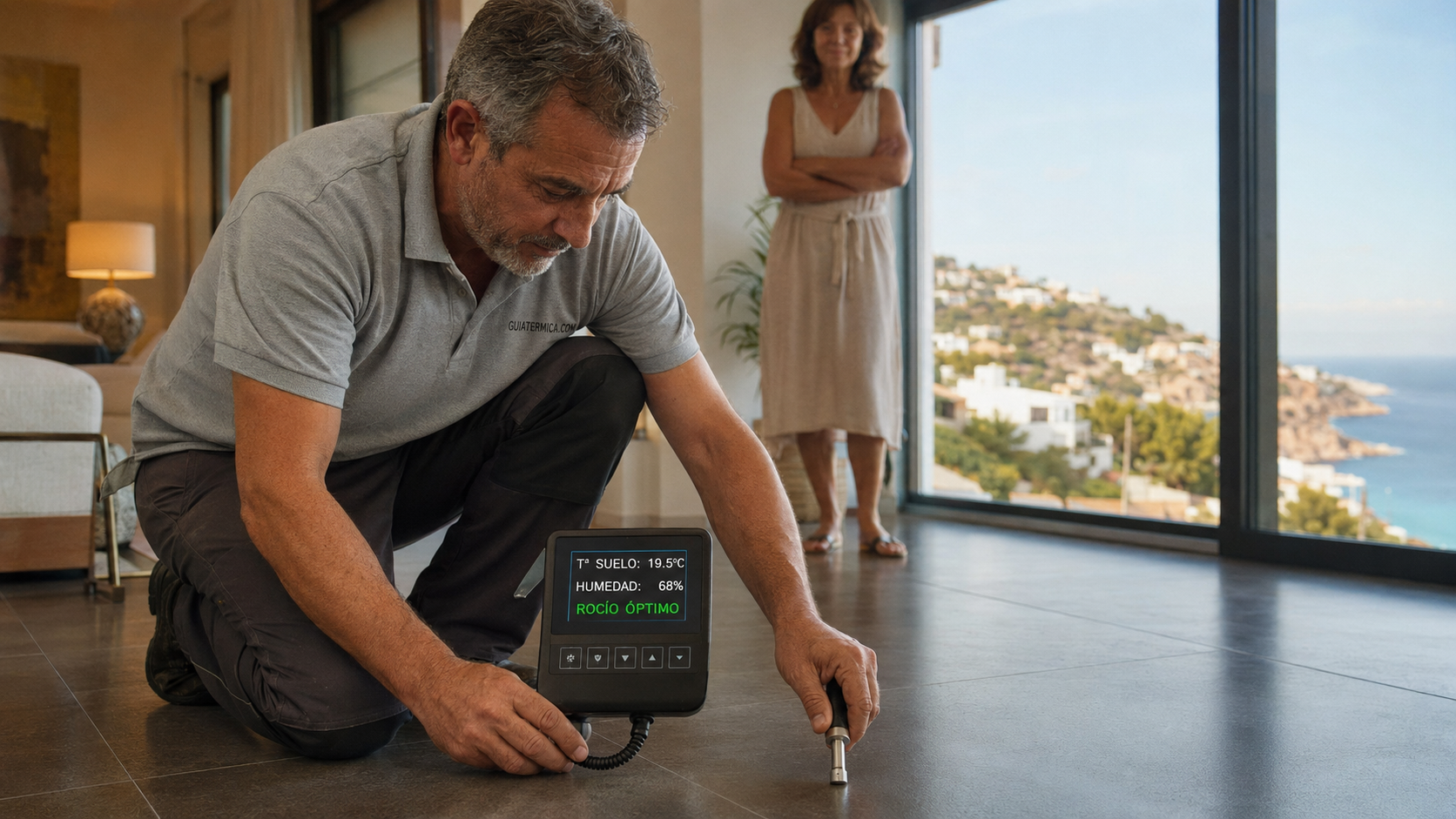 Técnico instalador veterano midiendo el punto de rocío y la temperatura óptima del suelo refrescante de una vivienda moderna durante el verano.