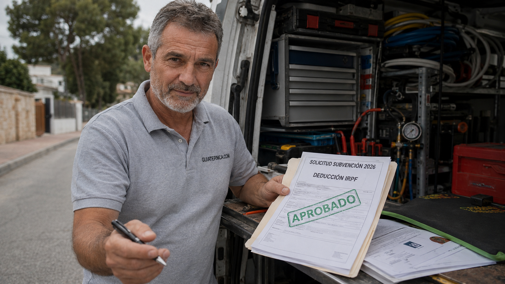 Técnico instalador de aerotermia revisando una carpeta con la documentación para solicitar las subvenciones y deducciones del IRPF en 2026.