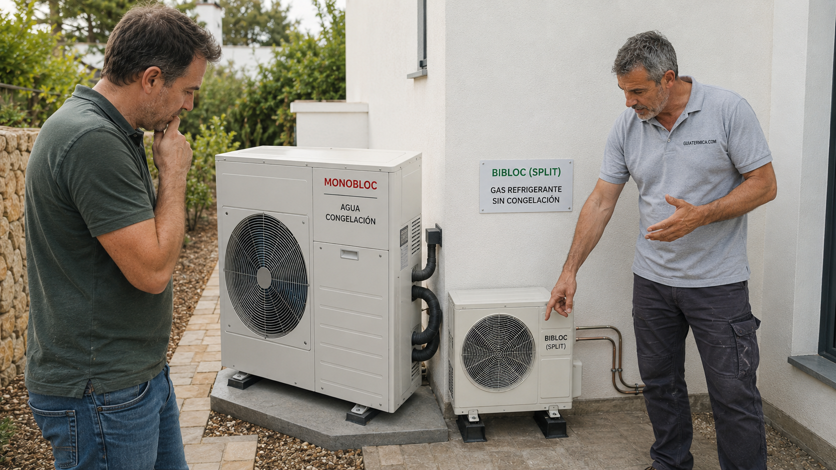 Instalador técnico explicando la diferencia de tamaño y conexión entre una aerotermia monobloc y una bibloc en el exterior de una vivienda unifamiliar.