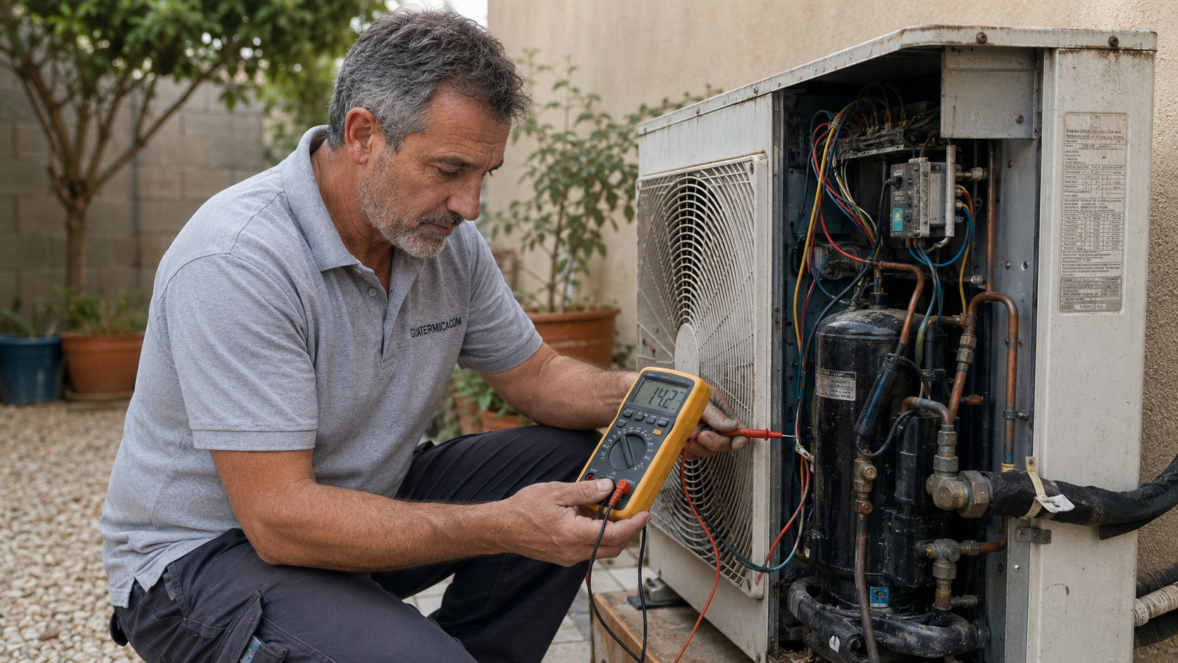 Técnico instalador diagnosticando una avería grave en el compresor de una aerotermia antigua para valorar si merece la pena repararla o cambiarla.