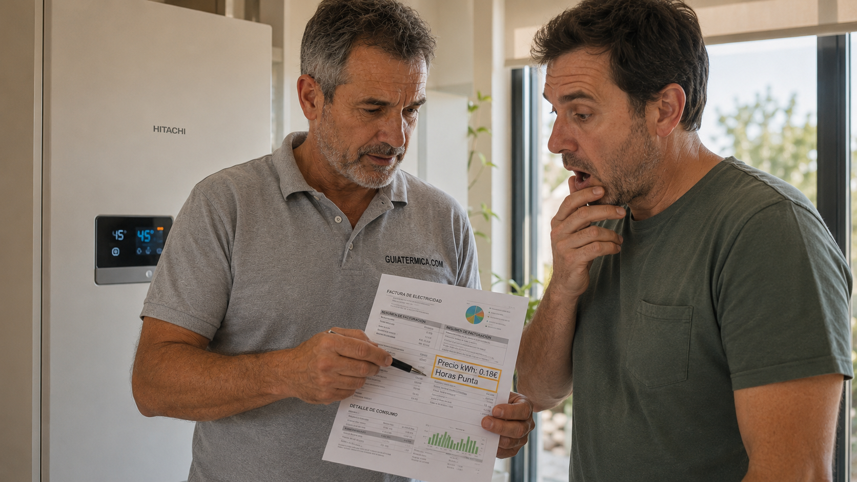 Técnico instalador explicando a un cliente cómo interpretar su factura de la luz y el precio del kWh para optimizar el consumo de su aerotermia.