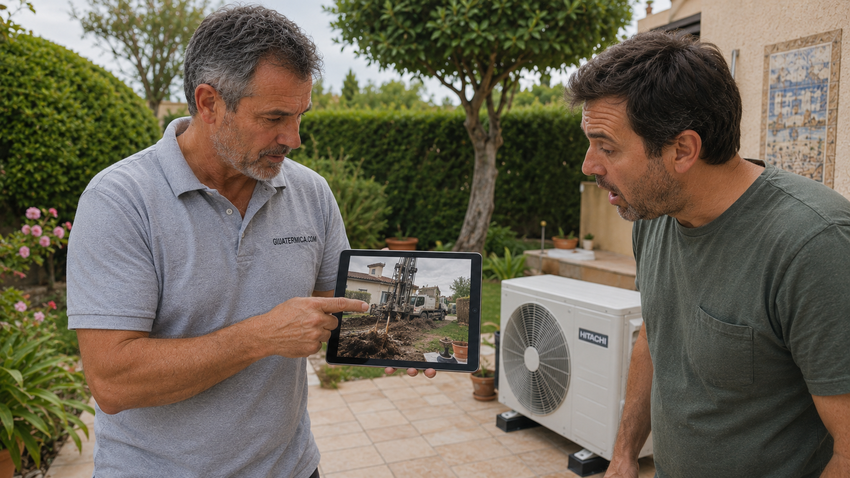 Instalador técnico explicando a un cliente el alto coste y la obra de maquinaria pesada necesaria para perforar pozos de geotermia frente a la sencillez de una aerotermia.