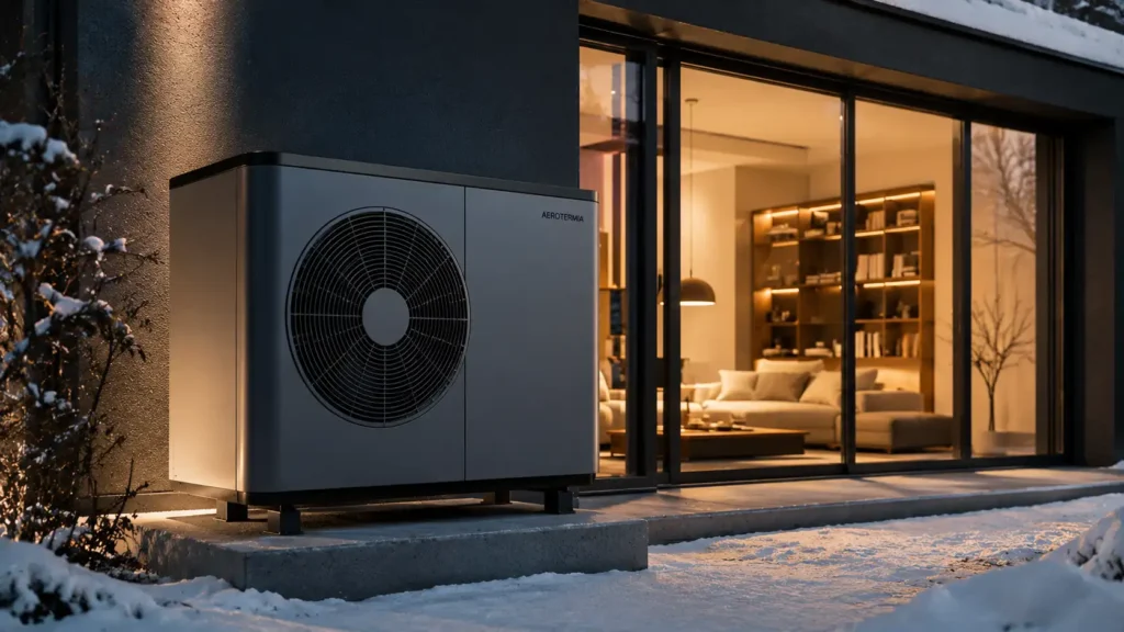 Unidad exterior de aerotermia moderna instalada en un chalet funcionando en invierno con alta eficiencia
