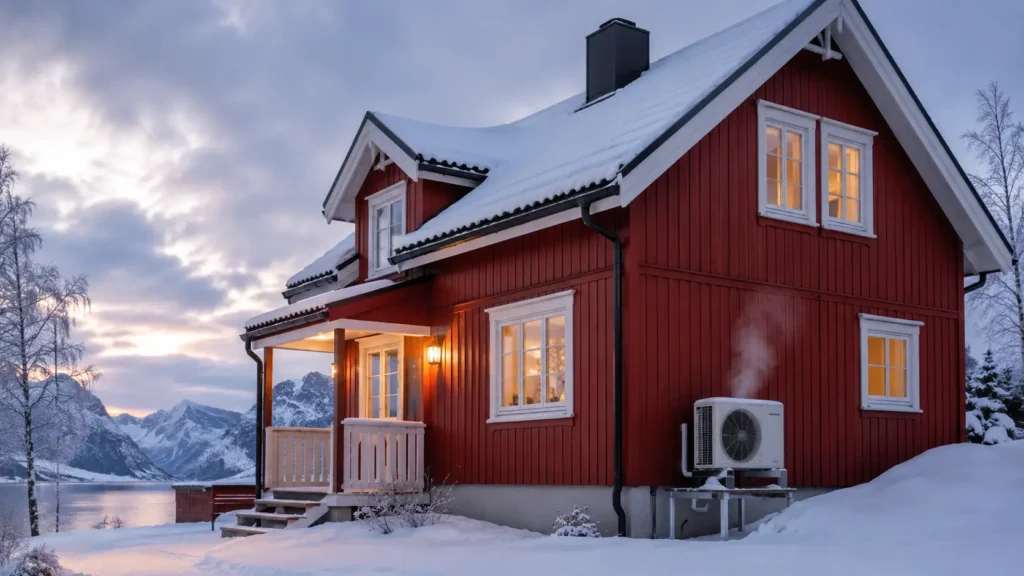 Aerotermia funcionando perfectamente en una casa de madera en la nieve de Noruega