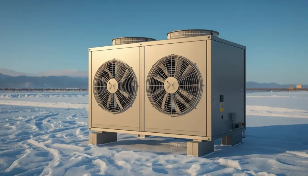 Aerotermia de gama alta de doble ventilador instalada correctamente en una zona nevada