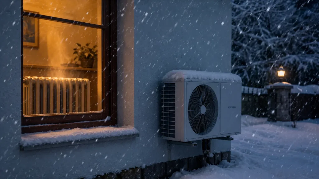 Aerotermia híbrida garantizando el confort térmico con radiadores en un chalet bajo condiciones de frío extremo y nieve.