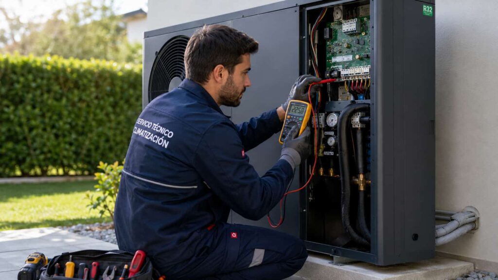 Técnico profesional revisando los componentes eléctricos de una unidad exterior de aerotermia