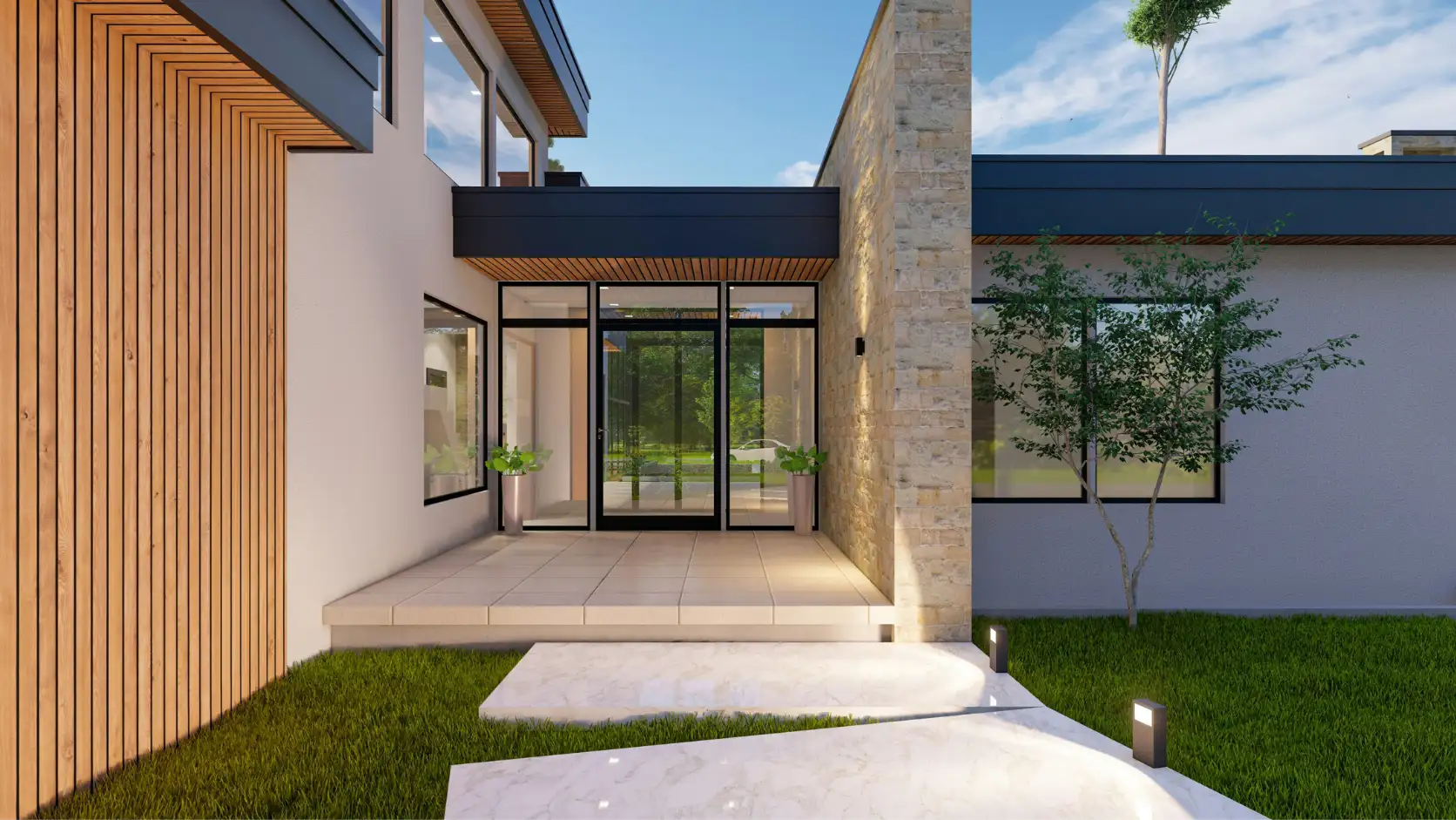 Exterior de una vivienda de diseño minimalista mostrando un espacio abierto, ideal para el rendimiento óptimo de una aerotermia.