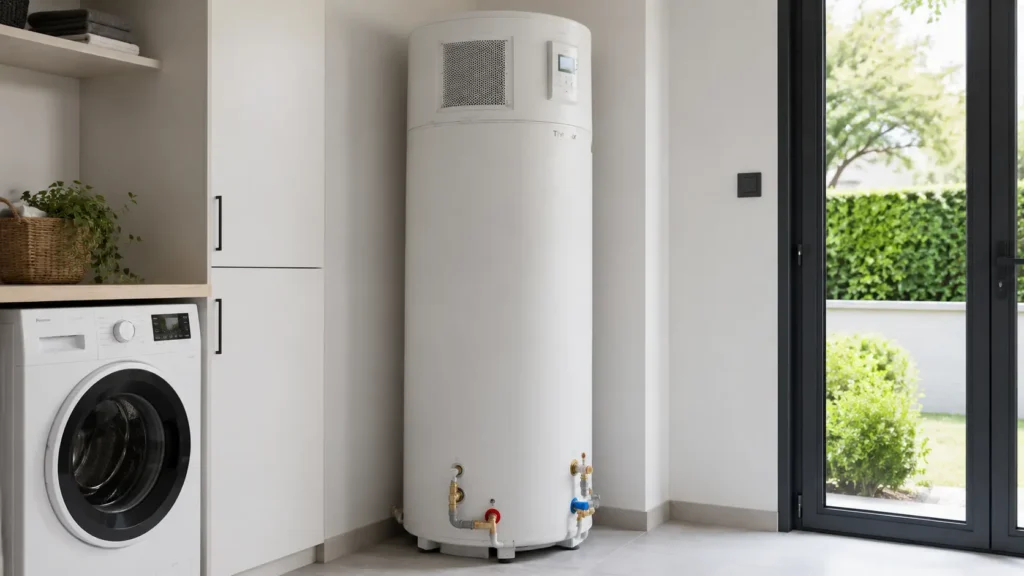 Aerotermo moderno de 200 litros instalado en un cuarto de lavado doméstico eficiente