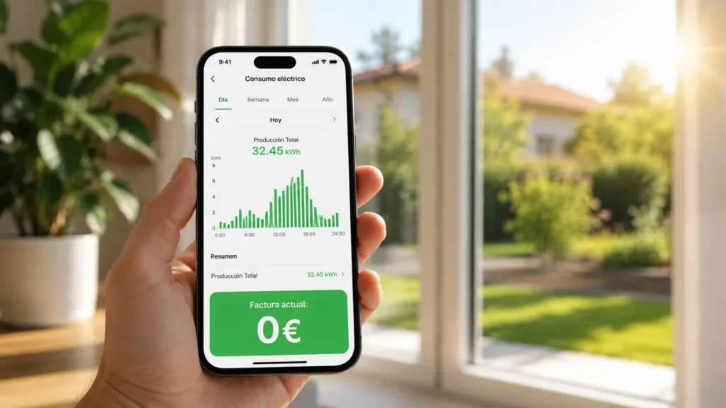 App de monitorización mostrando el ahorro con placas solares y batería virtual