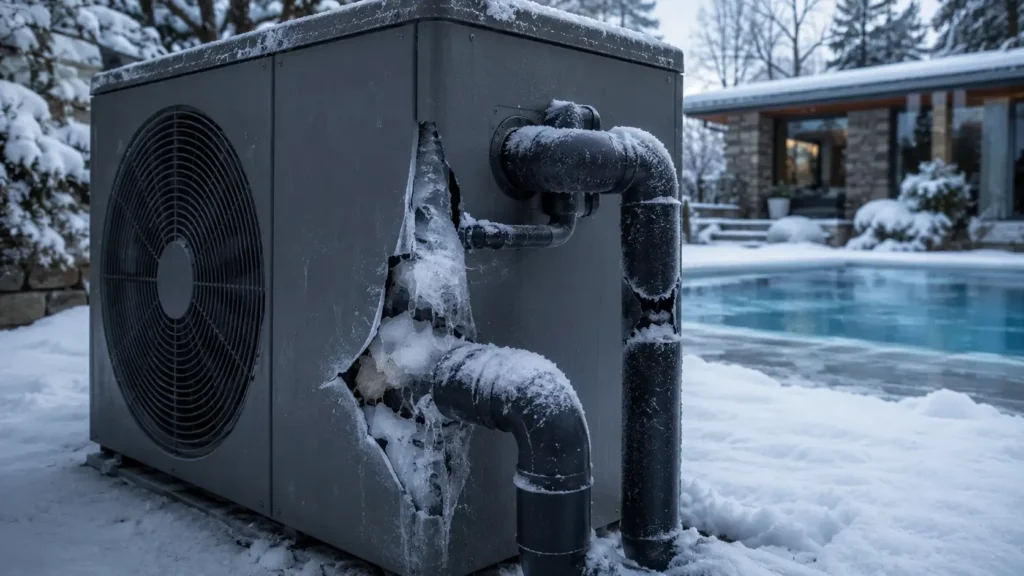 Bomba de calor de piscina con tuberías reventadas por congelación en invierno por no vaciar el agua.