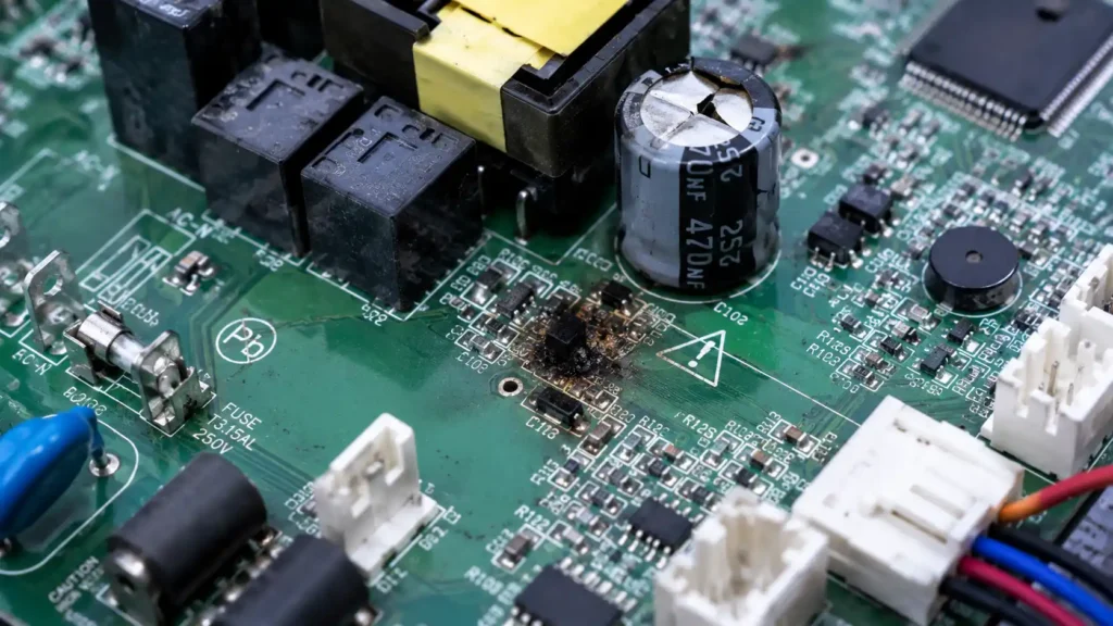 Placa electrónica principal de aerotermia quemada por una subida de tensión eléctrica