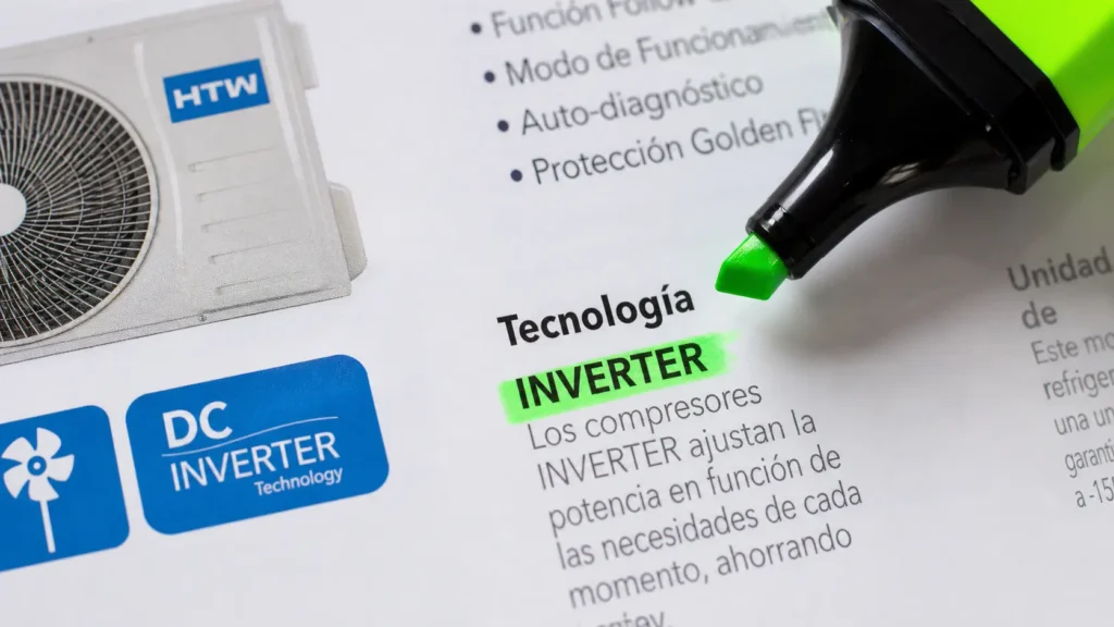 Cliente subrayando la palabra Inverter en la ficha técnica para asegurar una buena compra de aerotermia.