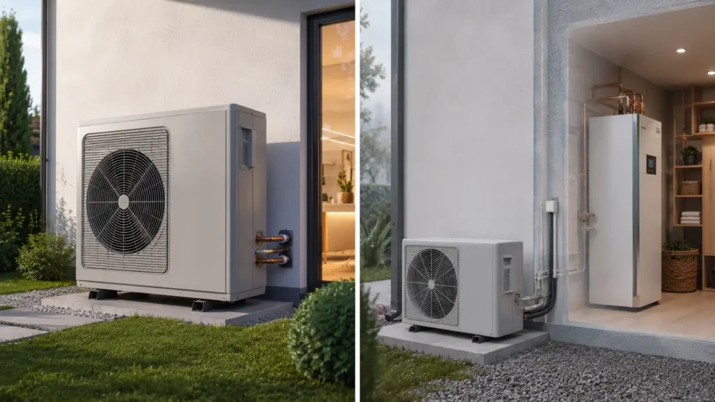 Comparativa visual entre instalación de aerotermia Monobloc (todo fuera) y Bibloc o Split (unidad exterior e interior).