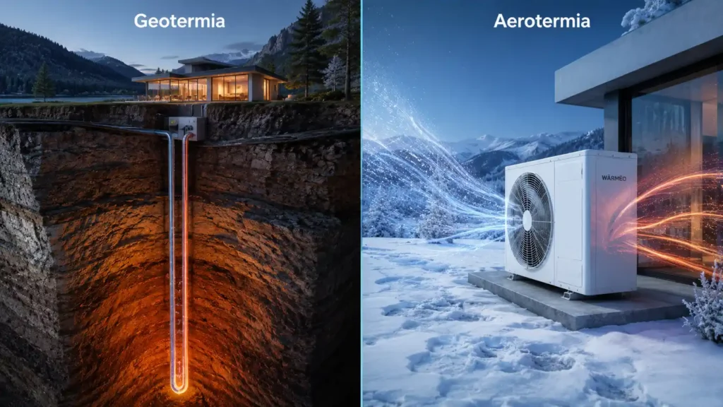 Comparativa técnica visual de la extracción de calor subsuelo en geotermia frente al aire exterior en aerotermia.