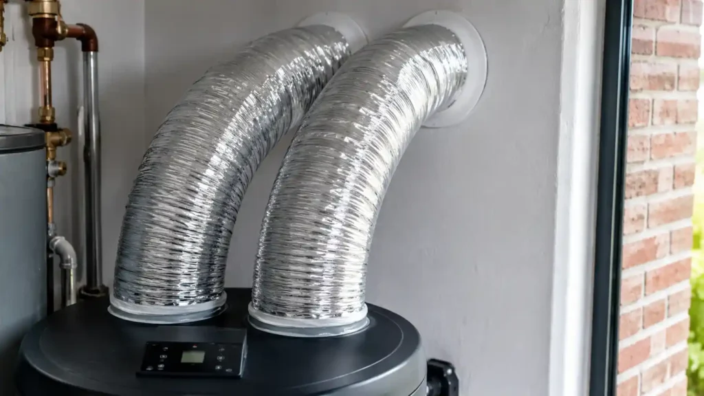Conductos de ventilación canalizados al exterior en la parte superior de un aerotermo