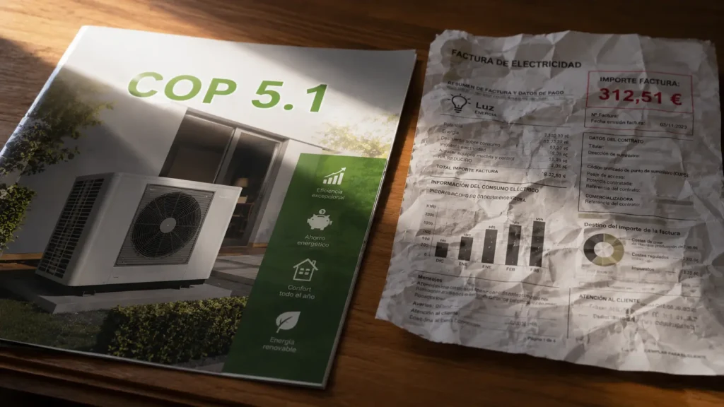 Contraste entre el COP ideal de un folleto comercial y una factura de luz alta en la realidad.