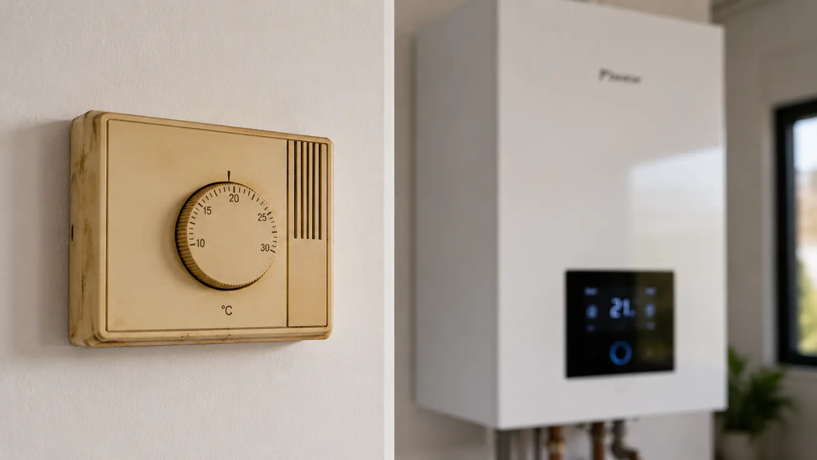 Contraste visual entre un termostato de pared antiguo de ruleta y un moderno termostato inteligente digital con app móvil para controlar la aerotermia.