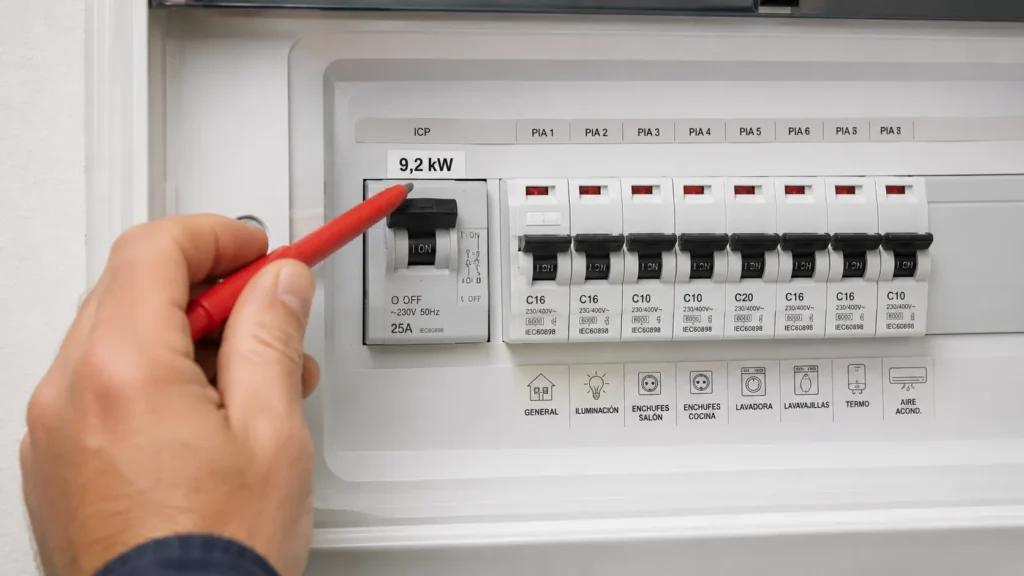 Cuadro eléctrico doméstico mostrando una potencia contratada excesiva que encarece la factura de luz con aerotermia.