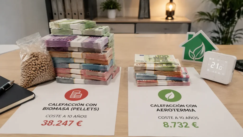 Diferencia de miles de euros en el coste total a 10 años entre caldera de pellets y aerotermia.