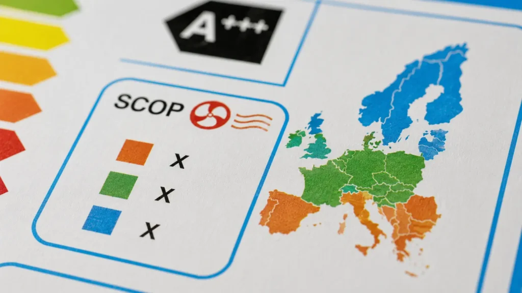 Detalle de la etiqueta energética europea de aerotermia mostrando los valores SCOP por zona climática.