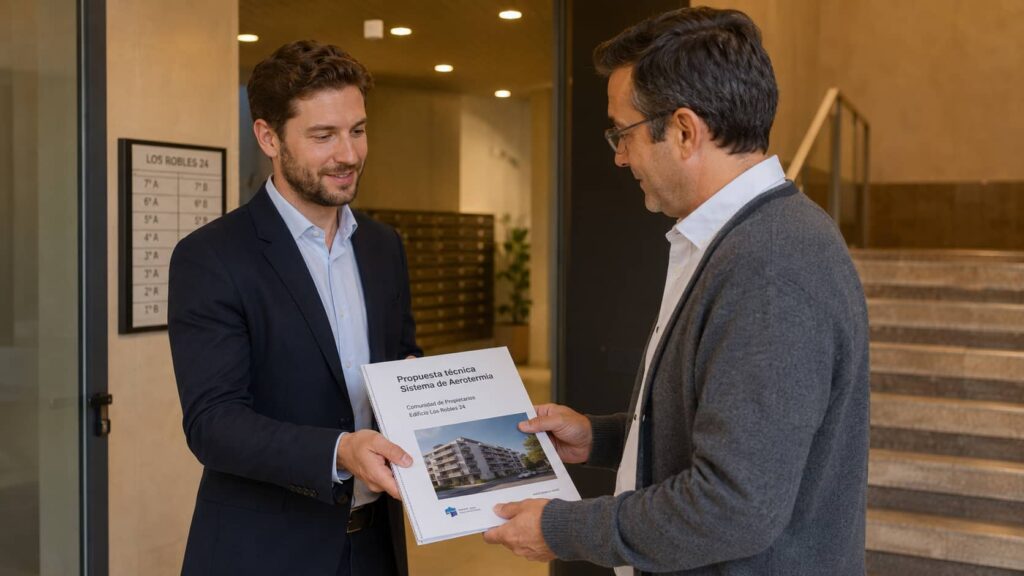 Presentación del informe técnico de instalación de aerotermia al presidente de la comunidad de vecinos
