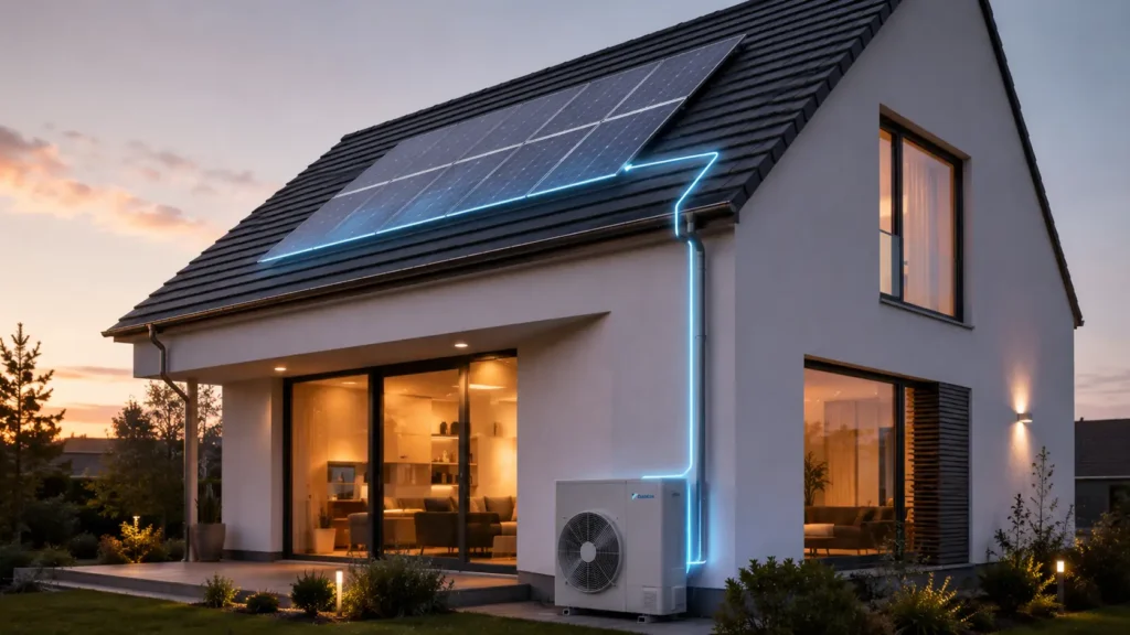 Instalación conjunta de aerotermia y paneles solares fotovoltaicos para conseguir independencia energética frente a la subida de precios del pellet.