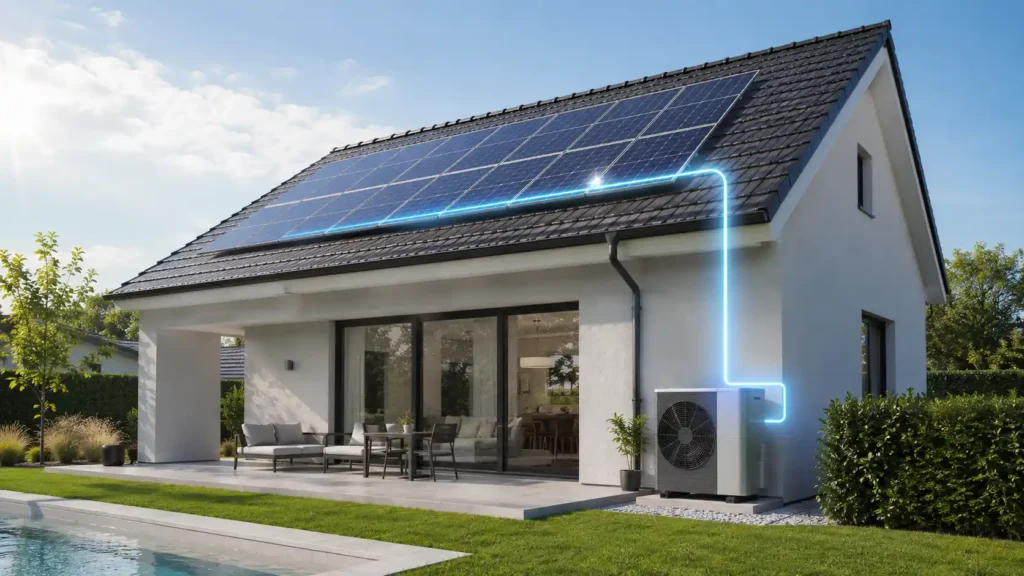 Instalación combinada de placas solares en el tejado alimentando una aerotermia