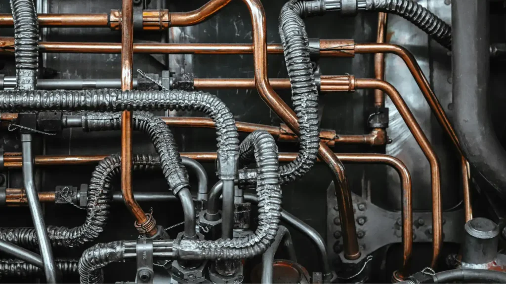 Detalle de instalación hidráulica profesional con tuberías y válvulas para conectar el circuito a un depósito de inercia.