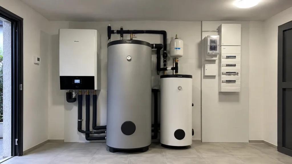 Instalación de aerotermia correctamente dimensionada en sala técnica con depósito de inercia y ACS