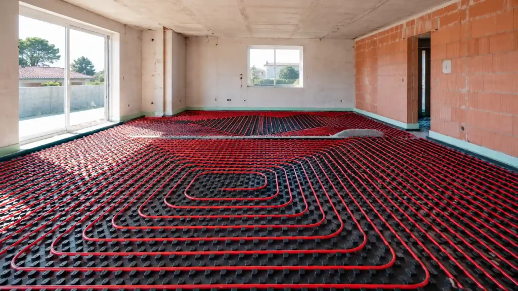 Instalación perfecta de tuberías de suelo radiante en una obra nueva de vivienda unifamiliar