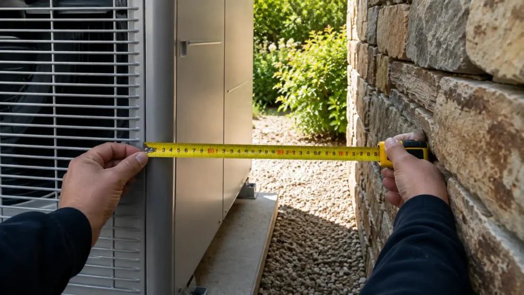 Instalador profesional midiendo las distancias mínimas reglamentarias para ubicar una aerotermia exterior.