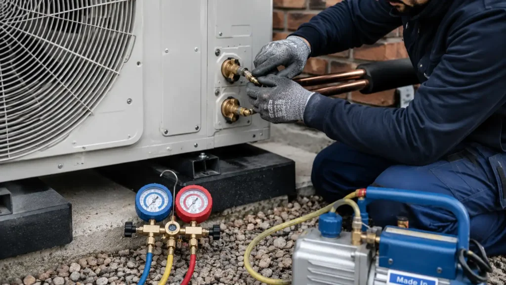 Instalador profesional con carné de gases fluorados conectando el circuito refrigerante de una aerotermia bibloc.