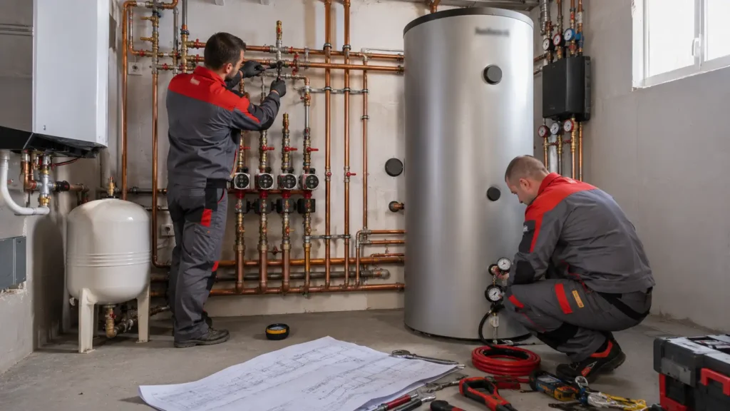 Instaladores profesionales conectando las tuberías hidráulicas de un equipo de aerotermia