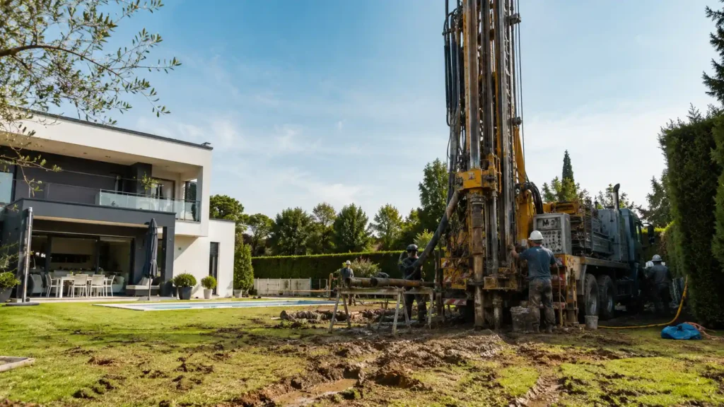 Maquinaria pesada perforando pozos de más de 100 metros en un jardín doméstico para instalar geotermia.