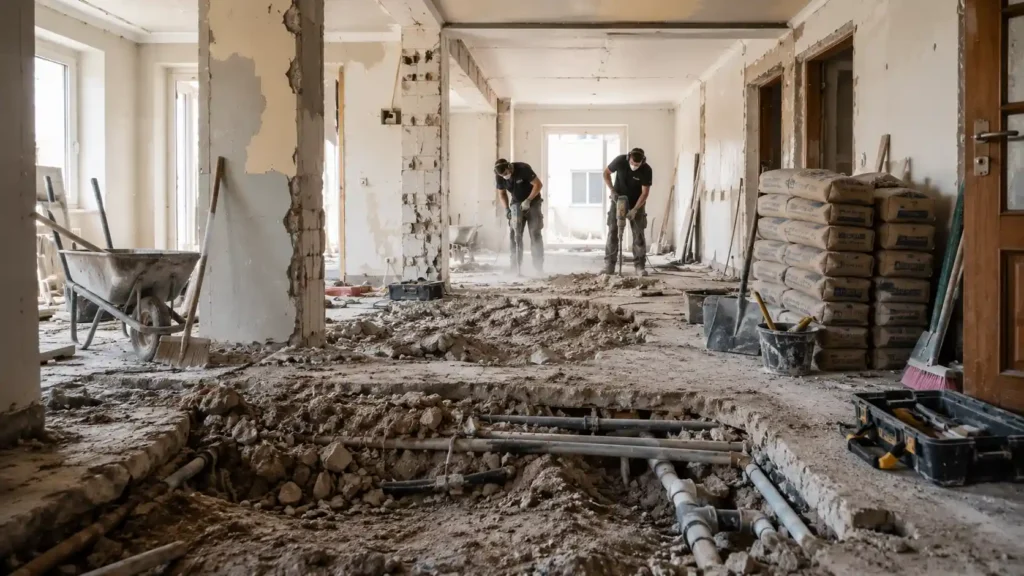 Obra invasiva levantando el suelo de una casa para instalar suelo radiante