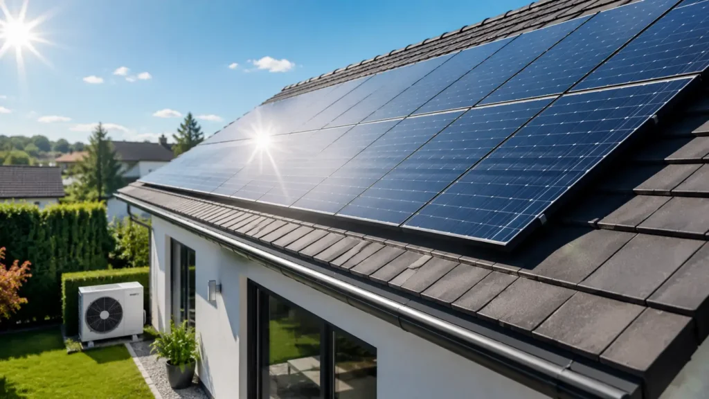 Paneles solares fotovoltaicos alimentando una máquina de aerotermia durante las horas de máxima producción solar.