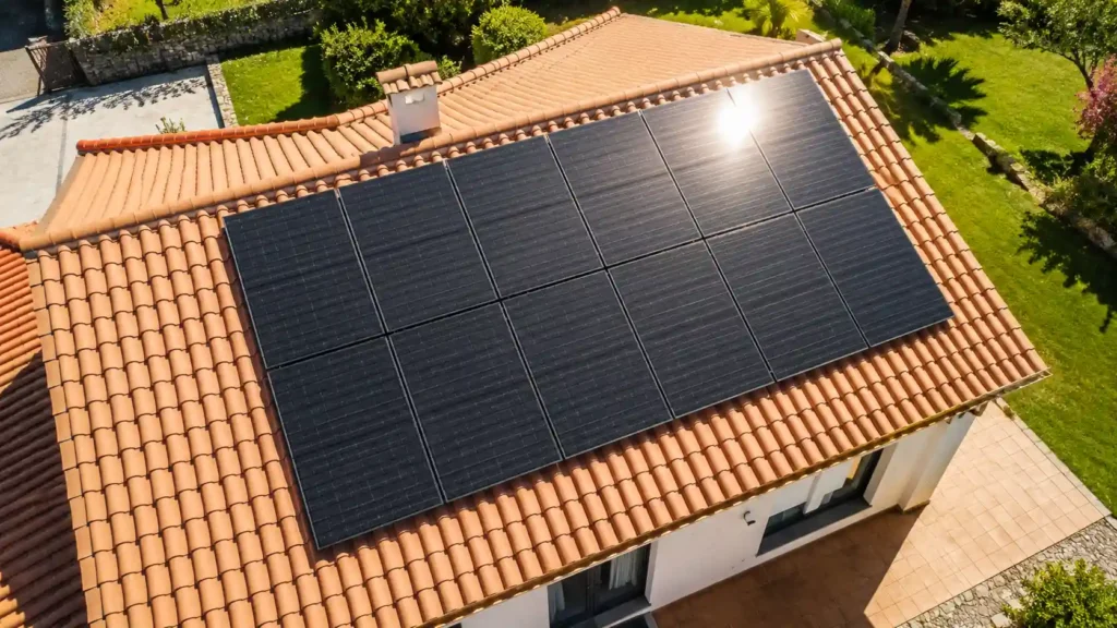 Paneles solares perfectamente orientados en el tejado para alimentar la aerotermia