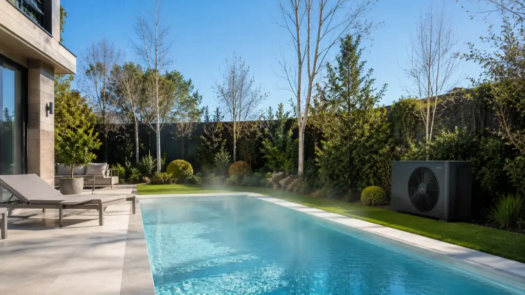 Piscina moderna climatizada con bomba de calor aerotérmica funcionando en primavera.