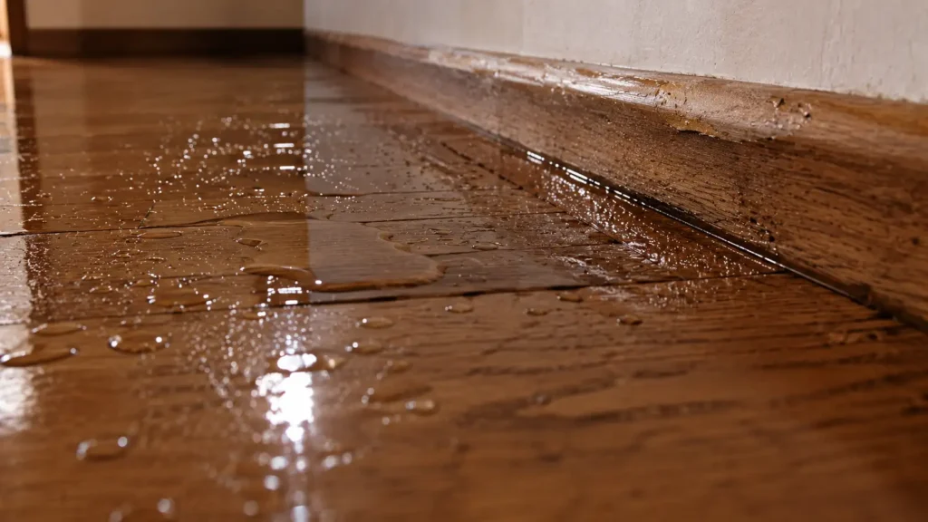 Suelo de parqué dañado por la condensación de agua al usar suelo refrescante por aerotermia sin deshumidificador.