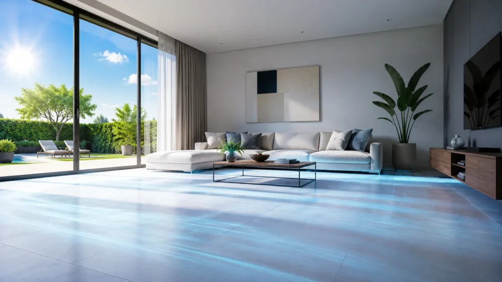 Suelo refrescante en funcionamiento durante el verano en un salón moderno