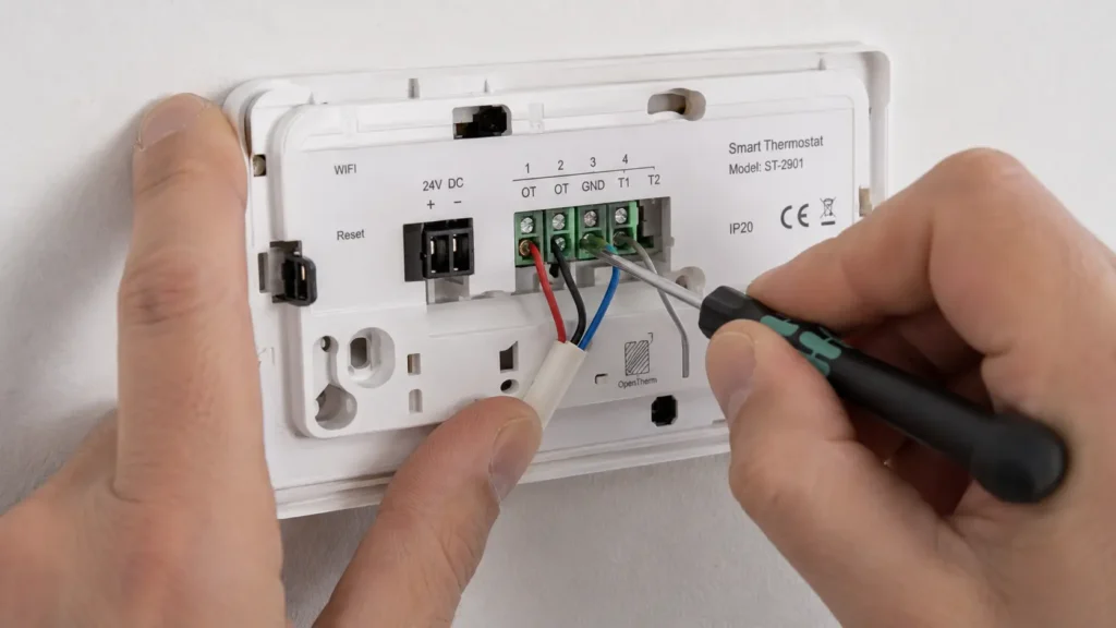 Técnico instalador conectando correctamente los cables de comunicación digital modulante OpenTherm en un termostato inteligente.