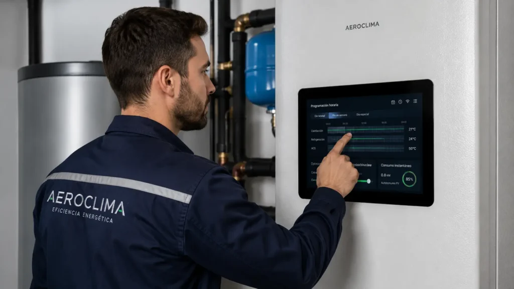 Técnico configurando la programación de la aerotermia para aprovechar las placas solares